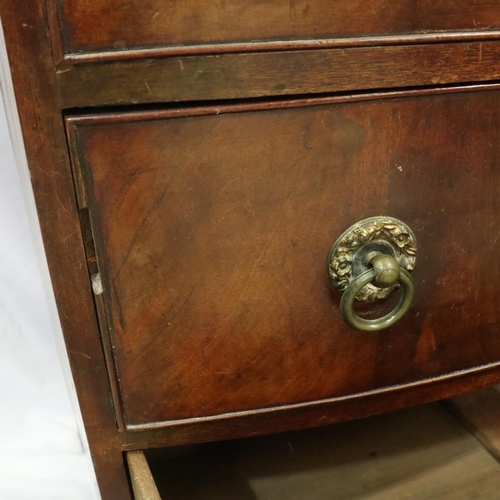 2155 - George III inlaid mahogany chest of three long drawers, bow fronted, for light restoration. Not avai... 