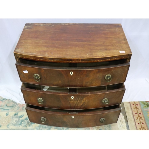 2155 - George III inlaid mahogany chest of three long drawers, bow fronted, for light restoration. Not avai... 