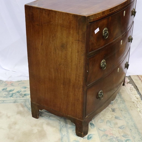 2155 - George III inlaid mahogany chest of three long drawers, bow fronted, for light restoration. Not avai... 