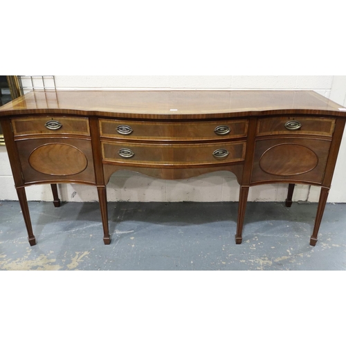 2158 - A 20th century brass inlaid walnut sideboard, serpentine-front, with two bowed drawers flanked by tw... 