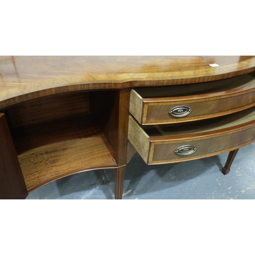 2158 - A 20th century brass inlaid walnut sideboard, serpentine-front, with two bowed drawers flanked by tw... 