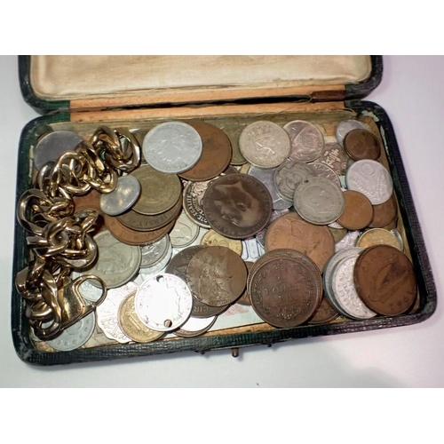 1069 - Box of mixed world coins including silver, world notes and heavy gold coloured bracelet. UK P&P Grou... 