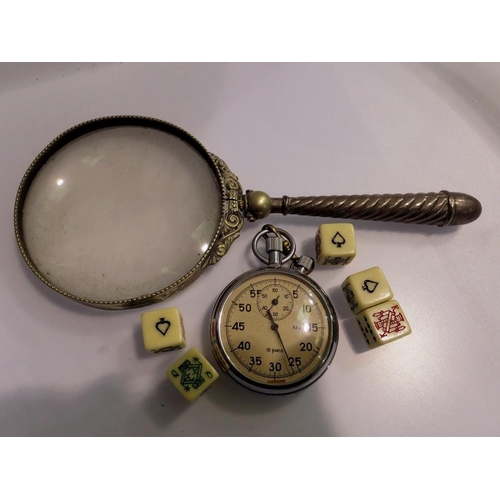 1078 - Chrome stopwatch, working at lotting up and a white metal magnifying glass with 5 poker dice. UK P&P... 