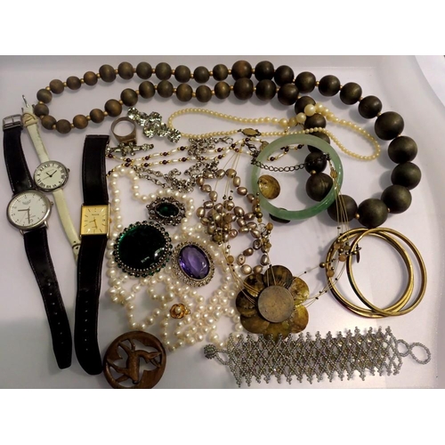 1096 - Costume jewellery, jade bangle and 3 wristwatches, including Accurist and Red Herring. UK P&P Group ... 