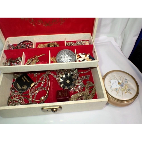 1105 - Costume jewellery in vintage jewellery box, brooches, earrings, necklaces, ladies gold plated wristw... 