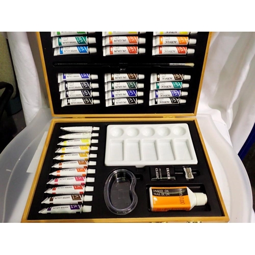 1114 - Wooden case, with 35 unused acrylic paints. UK P&P Group 2 (£20+VAT for the first lot and £4+VAT for... 