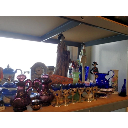 1198 - Shelf of mixed ceramics and coloured glass. Not available for in-house P&P