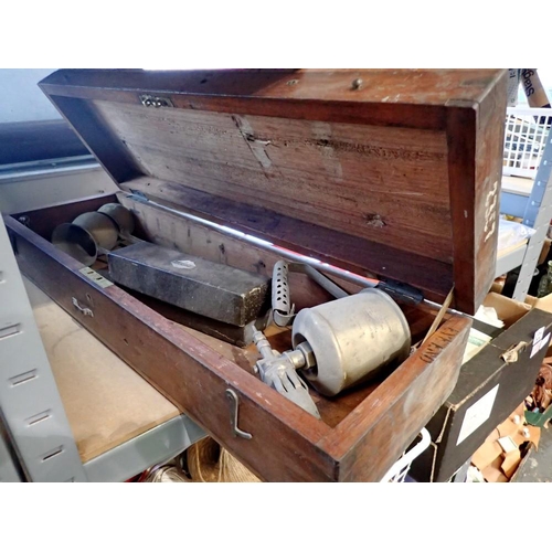 1217 - Vintage wooden box containing blow lamp, spoons and brass ladles. Not available for in-house P&P