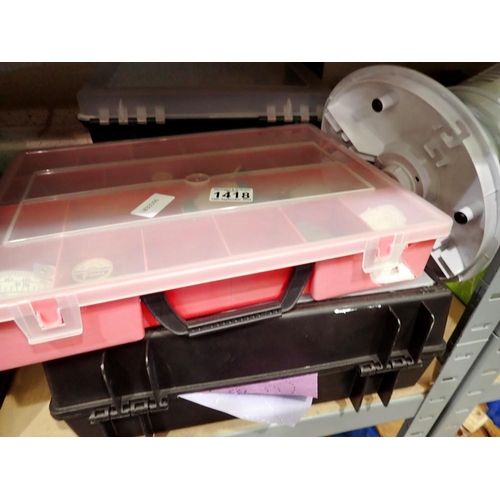 1418 - Five plastic storage cases containing sewing and craft accessories and materials. Not available for ... 