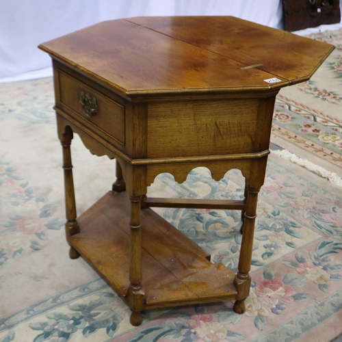 2168 - 20th century oak octagonal fold over table with single drawer and under shelf, 78 x 38 x 78 cm H (cl... 