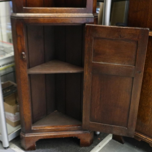 2170 - Oak slim profile floor standing corner cupboard with two open shelves, W: 43 cm, H: 168 cm. Not avai... 