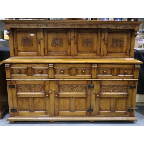 2172 - 20th century panelled oak court cupboard with sideboard base and four door top section, 170 x 49 x 1... 