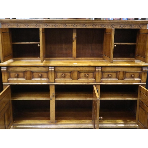 2172 - 20th century panelled oak court cupboard with sideboard base and four door top section, 170 x 49 x 1... 