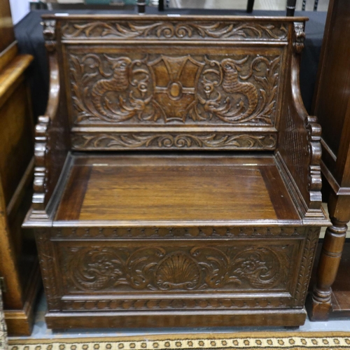 2177 - Heavily carved box pew with upholstered seat cushion, 87 x 45 x 97 cm H. Not available for in-house ... 