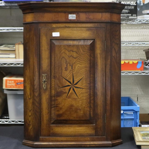 2185 - Panelled single door oak corner cupboard, W: 63 cm, H: 82 cm. Not available for in-house P&P