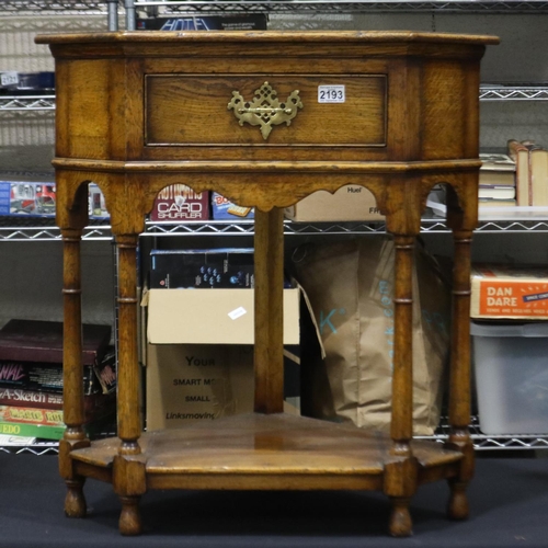 2193 - 20th century oak floor standing single drawer corner lamp table, W: 72cm, H: 78cm. Not available for... 