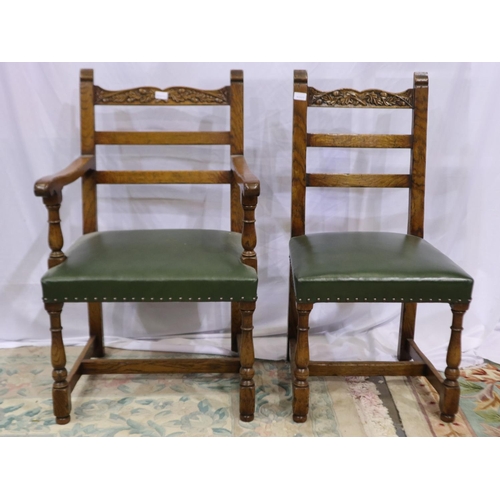 2197 - Set of six (4+2) oak dining chairs, carved as the previous lot (2196), with studded upholstered seat... 