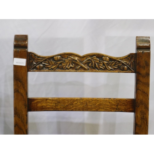 2197 - Set of six (4+2) oak dining chairs, carved as the previous lot (2196), with studded upholstered seat... 