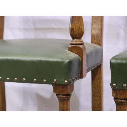 2197 - Set of six (4+2) oak dining chairs, carved as the previous lot (2196), with studded upholstered seat... 