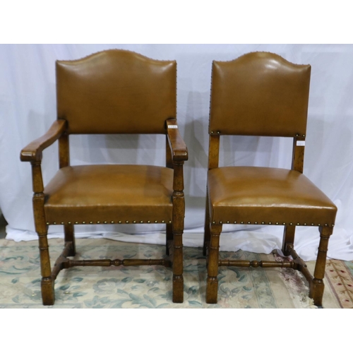 2198 - Set of six (4+2) oak framed studded and upholstered dining chairs, damage to one back-rest. Not avai... 