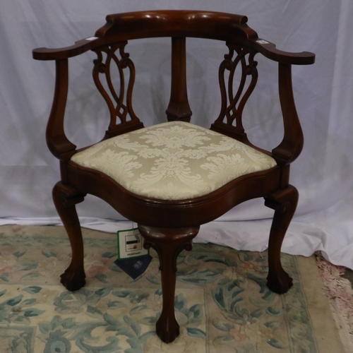 2199 - Reprodux by Bevan-Funnell: a reproduction mahogany corner chair with shaped upholstered drop-in seat... 