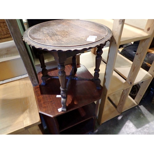 1621 - Mahogany three tier occasional table, with a circular oak example on a stretchered base, largest 52 ... 