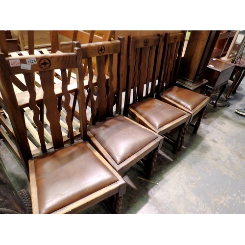 1624 - Set of four oak slat-back dining chairs on barley twist supports. Not available for in-house P&P