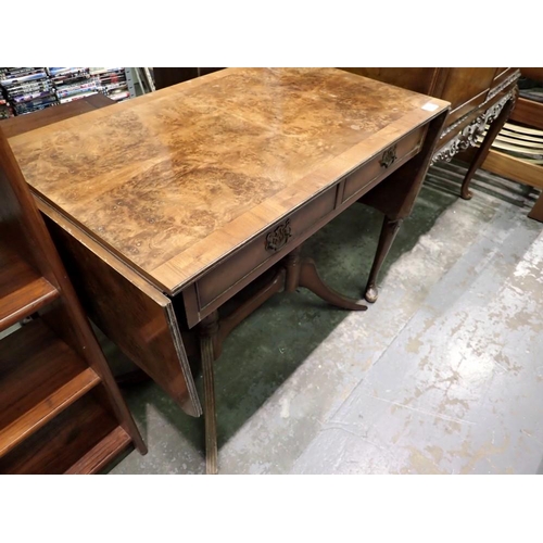 1632 - Burr walnut dropleaf table with 2 drawers, 80 x 73cm H. Not available for in-house P&P