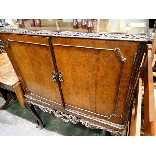 1634 - Burr walnut mid 20th century cocktail cabinet, 100 x 118 cm. Not available for in-house P&P