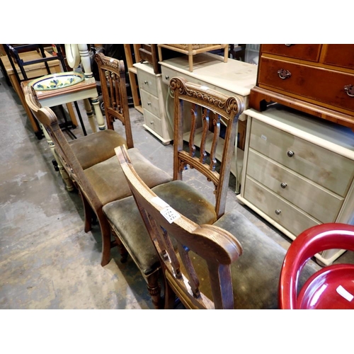 1646 - Four Edwardian oak slat back dining chairs. Not available for in-house P&P