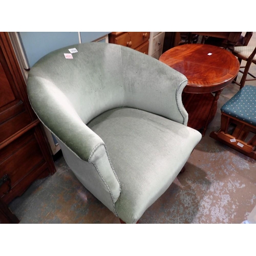 1696 - Small green upholstered tub chair on cabriole supports. Not available for in-house P&P