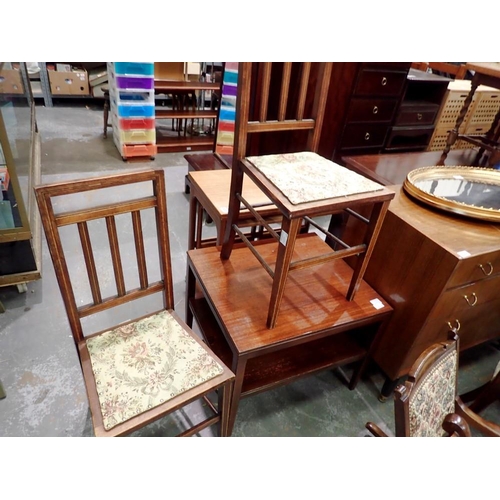 1705 - pair of stick back, hardwood upholstered dining chairs and a small coffee table. Not available for i... 