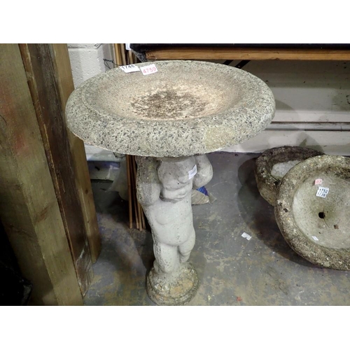 1748 - Concrete female cherub and a concrete bird bath. Not available for in-house P&P