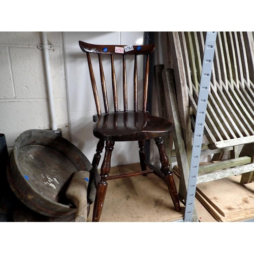 1763 - Child's stick chair, wooden bowl and a lead bossing hammer. Not available for in-house P&P