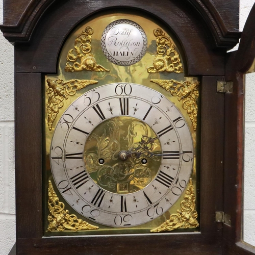 356 - George III mahogany long case clock with 45 cm brass and silvered dial, with corner mask and scroll ... 