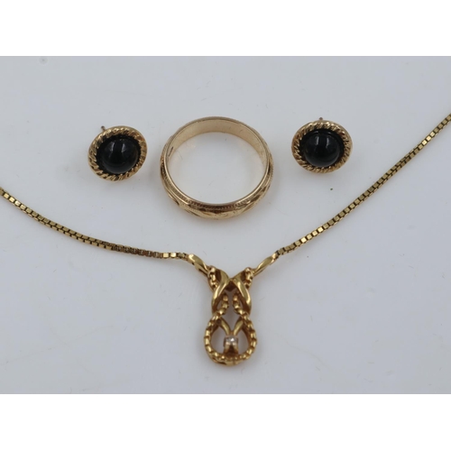 109 - 9ct gold band, size I, 9ct gold neck chain with integral rabbit theme pendant and a pair of 9ct gold... 