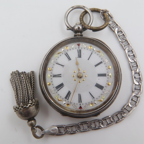 118 - Silver fob watch and chain, working at lotting up. UK P&P Group 1 (£16+VAT for the first lot and £2+... 