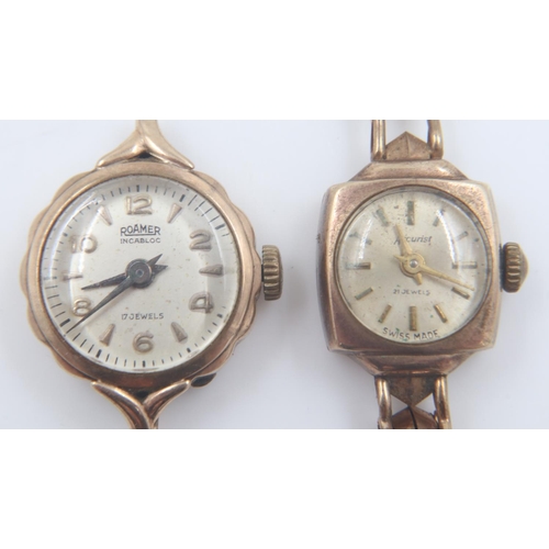 127 - ACCURIST 9ct gold ladies wristwatch on a 9ct gold bracelet, 10.1g, and a ROAMER 9ct gold ladies wris... 