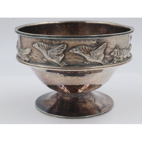 132 - Hallmarked silver hunting themed bowl, maker Rand Co, Birmingham assay 1859, 163g. One ding to the b... 