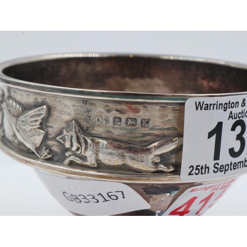 132 - Hallmarked silver hunting themed bowl, maker Rand Co, Birmingham assay 1859, 163g. One ding to the b... 