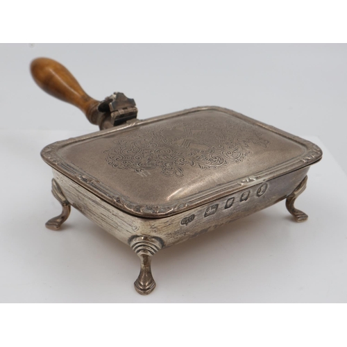 144 - Hallmarked silver silent butler with turned wooden handle, lid detached, maker Wilson & Gile, London... 