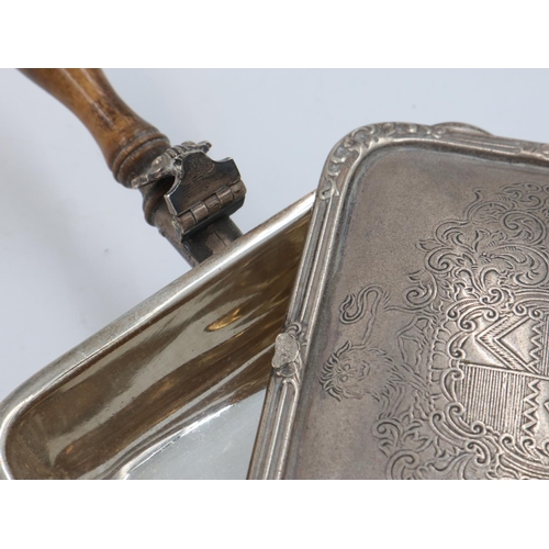 144 - Hallmarked silver silent butler with turned wooden handle, lid detached, maker Wilson & Gile, London... 