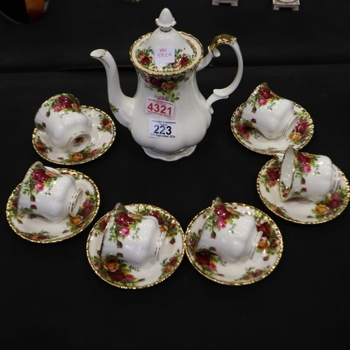 223 - Royal Albert 13 piece coffee set, in the Old Country Roses pattern, all first quality. Not available... 