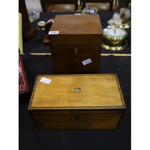 318 - Fruit wood tea caddy (base partially absent) with a twin handled inlaid four division tea caddy, hei... 