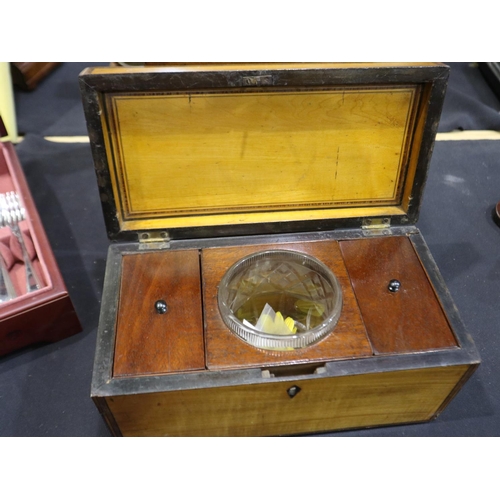 318 - Fruit wood tea caddy (base partially absent) with a twin handled inlaid four division tea caddy, hei... 