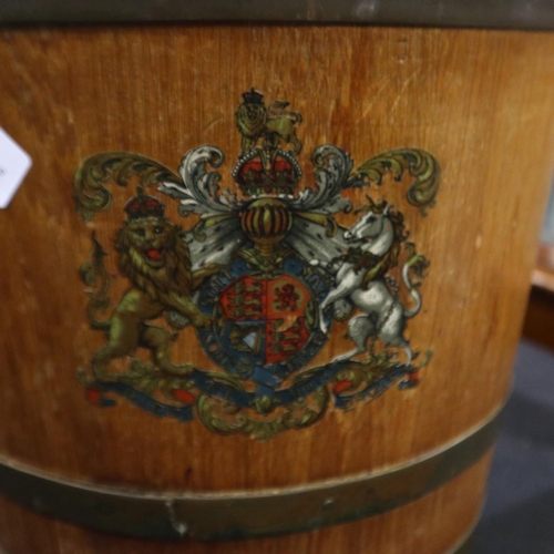 321 - Coopered pail with armorial crest, leather clad rope handle and metal liner, height 30cm. Not availa... 