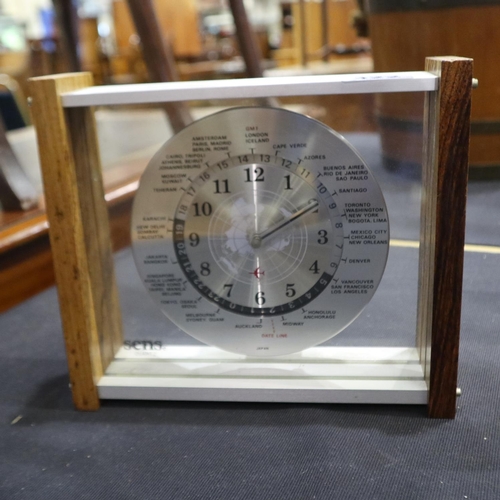 322 - A SENS quartz world time clock, 1970's, teak and aluminium. Working at lotting up. UK P&P Group 1 (£... 