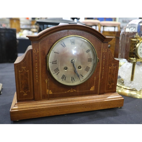 329 - Inlaid walnut chiming mantel clock. Not available for in-house P&P