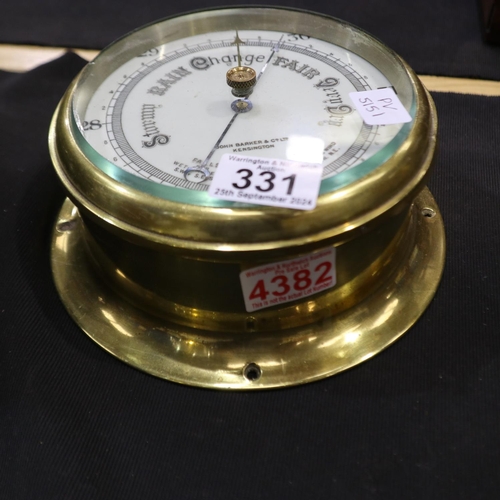 331 - Brass barometer, by John Barker & Co, Kensington, 19cm D. UK P&P Group 2 (£20+VAT for the first lot ... 