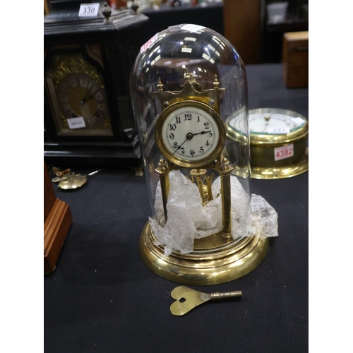 332 - Brass Anniversary clock in a glass dome, H: 31cm. Not available for in-house P&P